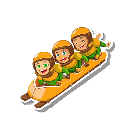 Cartoon bobsleigh team riding down snowy track together joyfullyのイラスト素材