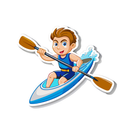 Cartoon kayaker paddling vigorously on a sunny day outdoorsのイラスト素材