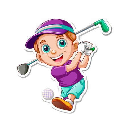 Cartoon boy golfer swinging golf club action shotのイラスト素材