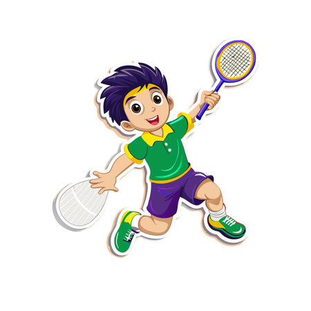 Happy boy playing badminton with racket sport illustrationのイラスト素材
