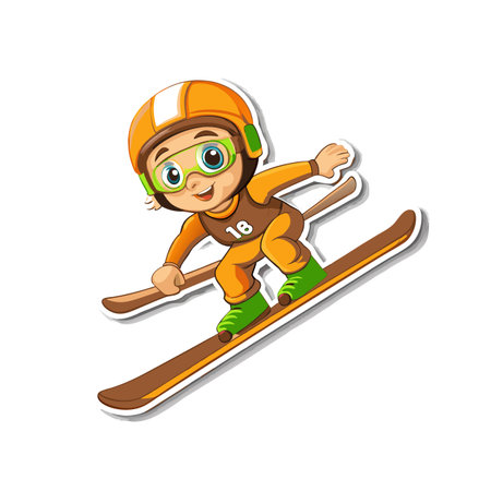 Cute cartoon skier carving down snowy slope artworkのイラスト素材