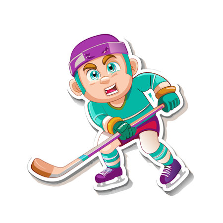 Cartoon hockey player sticker with stick and helmet on whiteのイラスト素材