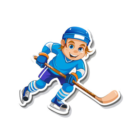 Cartoon hockey player with stick ready to score goalのイラスト素材