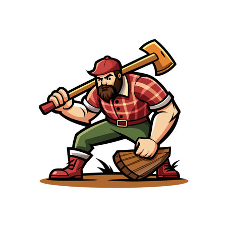 Cartoon lumberjack wielding axe and holding firewood, portrait viewのイラスト素材