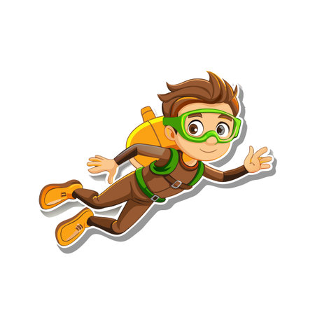 Cartoon boy flying with jetpack illustration on white backgroundのイラスト素材