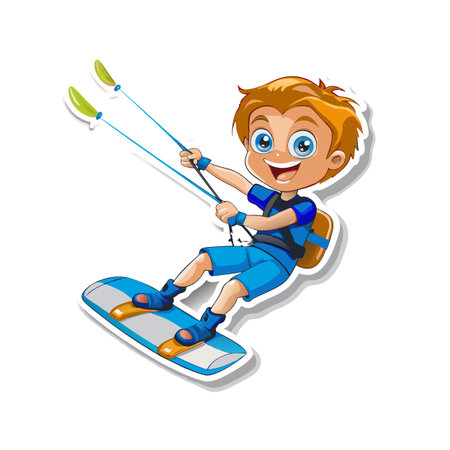 Cartoon kiteboarder enjoys water sport activity in summer seasonのイラスト素材