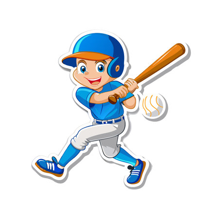 Cartoon baseball player swings bat at ball illustration