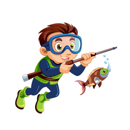 Cartoon boy spearfishing with a happy fish nearbyのイラスト素材