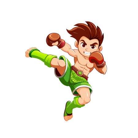 Cartoon Muay Thai Fighter Kicking in Action Pose on Whiteのイラスト素材