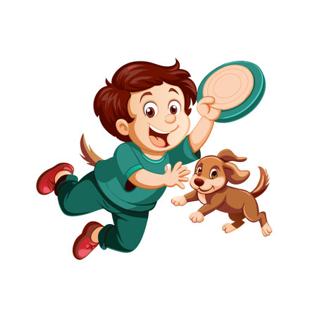 Boy jumping with frisbee playing with pet brown dogのイラスト素材