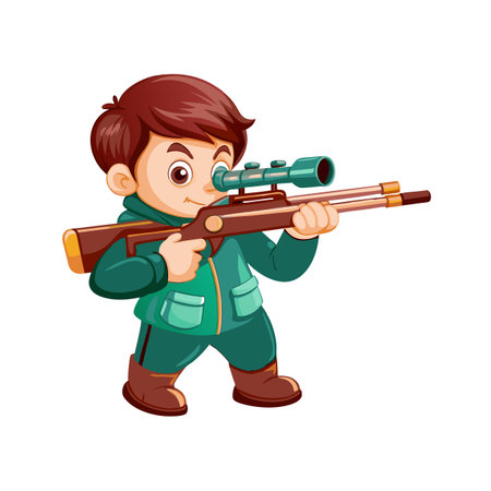 Cartoon boy with a toy gun aiming at targetのイラスト素材