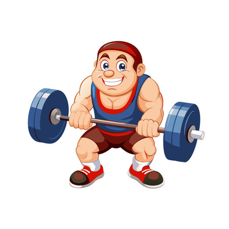 Cartoon weightlifter squatting with barbell for fitness conceptのイラスト素材