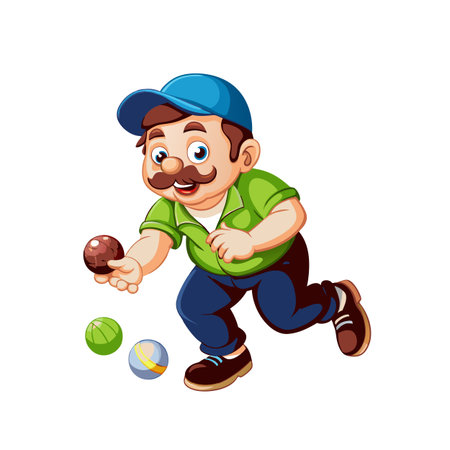 Cartoon man with mustache playing bocce ball outdoorsのイラスト素材