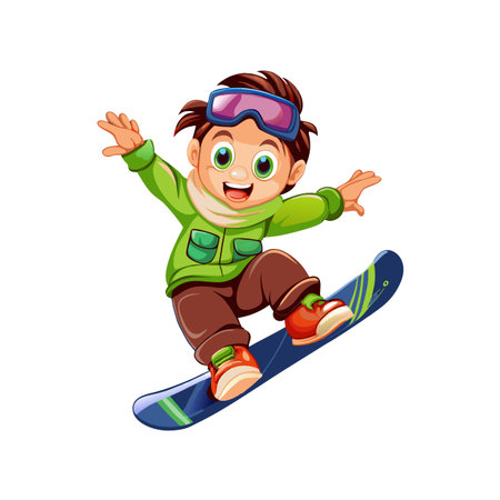 Cartoon boy snowboarding with a bright smile in winterのイラスト素材