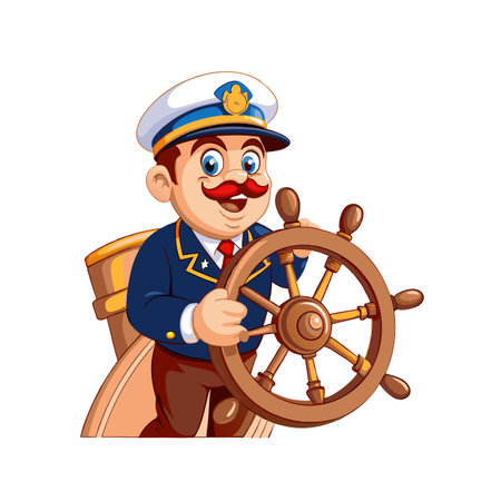 Cartoon ship captain steering wheel towards nautical adventuresのイラスト素材