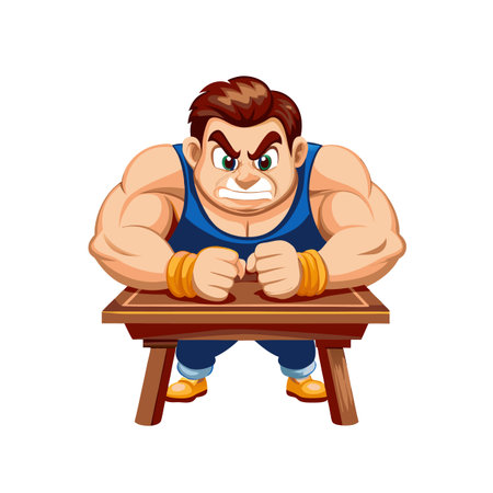 Cartoon strongman with clenched fists at wooden tableのイラスト素材