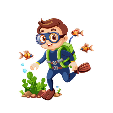 Cartoon diver exploring the sea with friendly fish friendsのイラスト素材