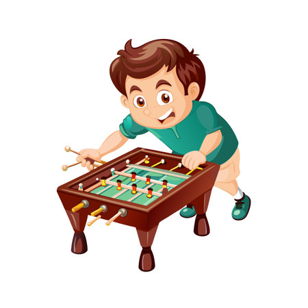 Boy playing table football game, cartoon style illustrationのイラスト素材