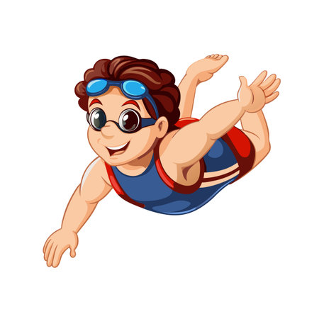 Cartoon swimmer with goggles underwater, having fun swimming, smilingのイラスト素材