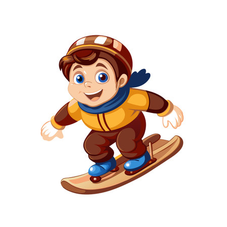 Happy cartoon boy snowboarding, winter fun isolated imageのイラスト素材