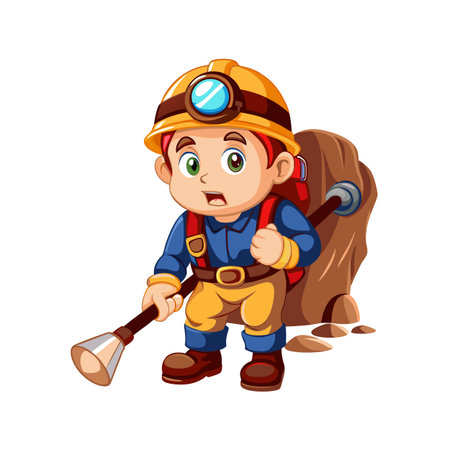 Cartoon miner with helmet next to rock formationのイラスト素材