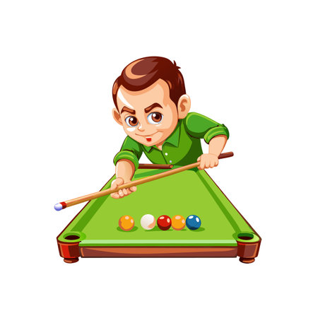 Cartoon boy aiming at a pool ball to shootのイラスト素材