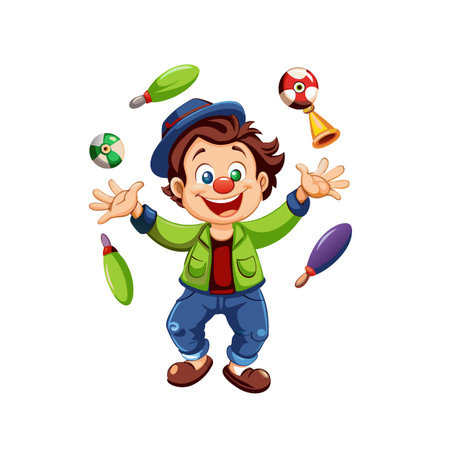 Cartoon clown character juggling colorful props against white backgroundのイラスト素材