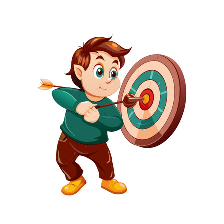 Cartoon boy practicing archery hitting the bullseye targetのイラスト素材