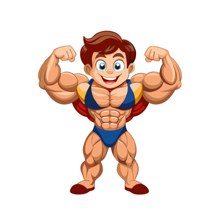 Cartoon bodybuilder flexing muscles with superhero cape, blue outfitのイラスト素材