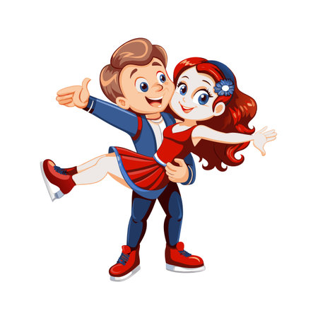Cartoon ice skaters couple pose joyfully on white backgroundのイラスト素材