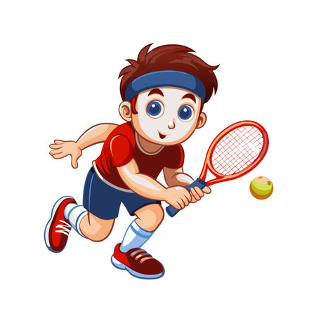 Cartoon boy hitting tennis ball with racket vector illustrationのイラスト素材