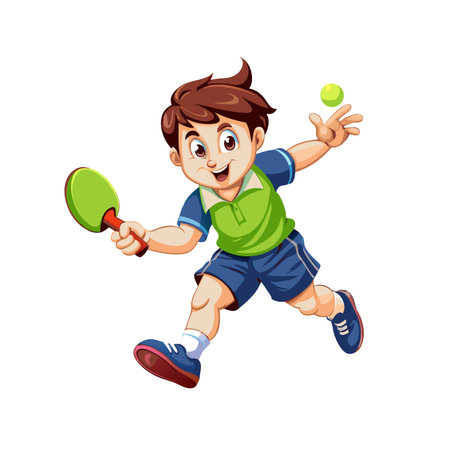 Enthusiastic boy playing table tennis with vector cartoon illustrationのイラスト素材