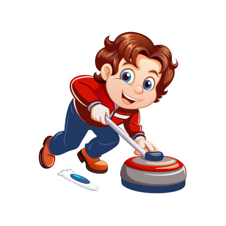 Cartoon boy playing curling with a stone and broomのイラスト素材