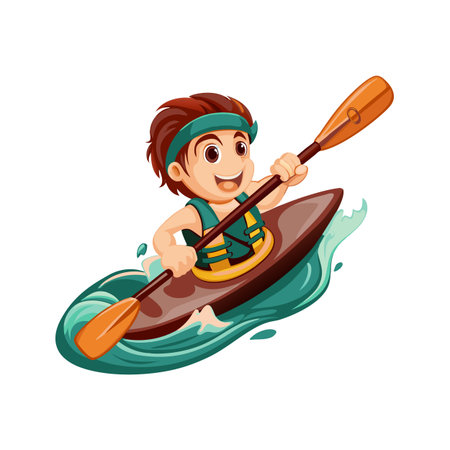 Cartoon kayaker paddling enthusiastically on stylized water waves sceneのイラスト素材