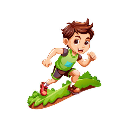 Cartoon boy running on a green hill with bushesのイラスト素材
