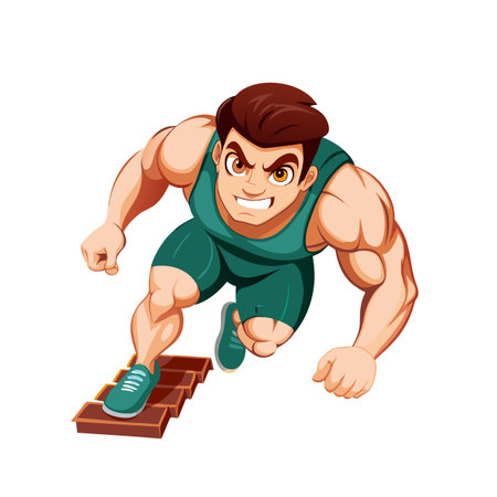 Determined cartoon bodybuilder runs on stairs with focused gazeのイラスト素材