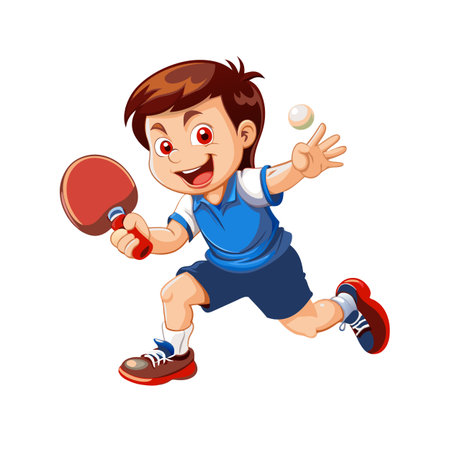 Boy playing table tennis with focus and determination cartoonのイラスト素材