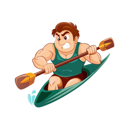Cartoon man kayaking with aggressive expression on white backgroundのイラスト素材