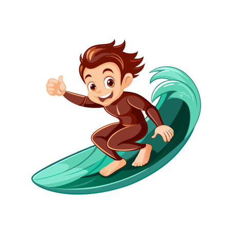 Cartoon surfer kid riding a wave with thumbs upのイラスト素材