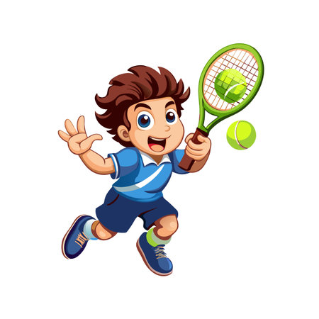 Cartoon boy playing tennis with racket and bouncing ballのイラスト素材