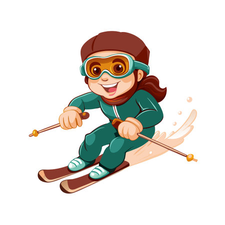 Happy cartoon skier girl skiing down a snow mountainのイラスト素材