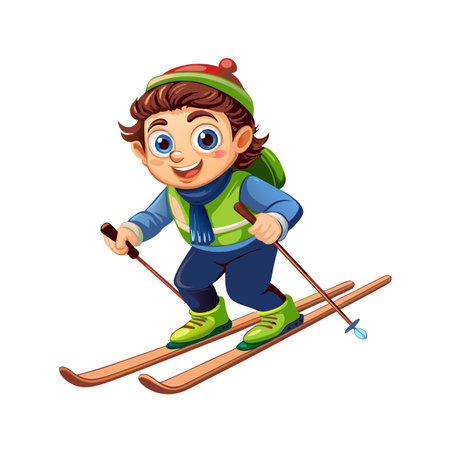 Cartoon boy skiing down hill on a sunny dayのイラスト素材