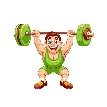Cartoon Weightlifter in Green Lifting Barbell Overhead Squattingのイラスト素材