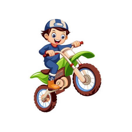 Boy riding green motocross bike performing wheelie cartoon illustrationのイラスト素材