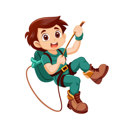 Cartoon rock climber boy happily scaling a white backgroundのイラスト素材