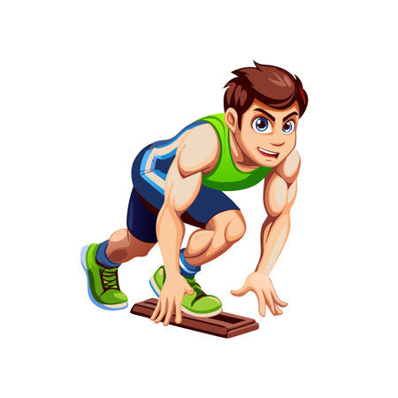 Cartoon athlete crouched ready to sprint in racing start positionのイラスト素材
