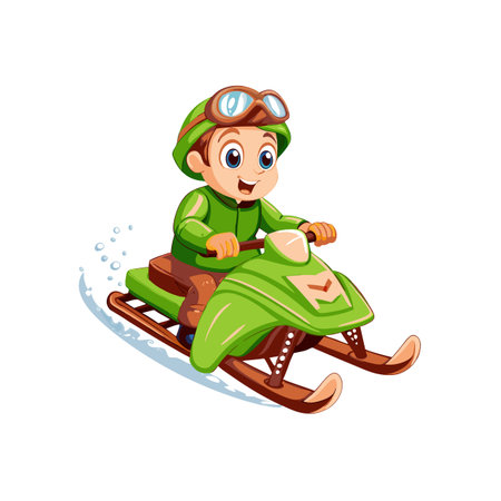Happy boy rides a snowmobile in the winter seasonのイラスト素材