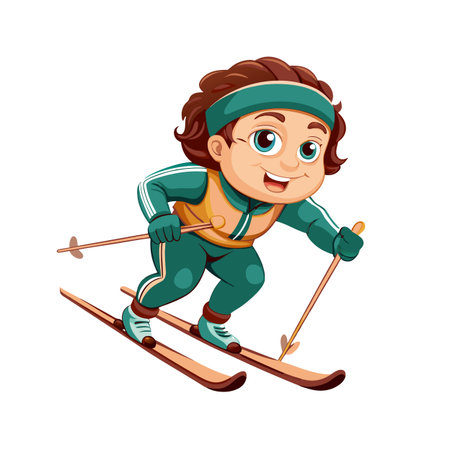 Cartoon girl skiing down hill with winter sports equipmentのイラスト素材