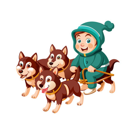 Boy riding dog sled with huskies cartoon illustrationのイラスト素材