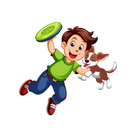Happy boy playing Frisbee with his dog illustrationのイラスト素材